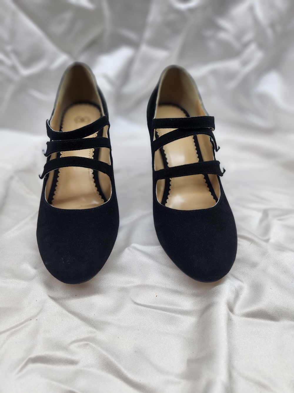 Rara Avis Classic Black Suede Triple-Strap Mary Jane Heels